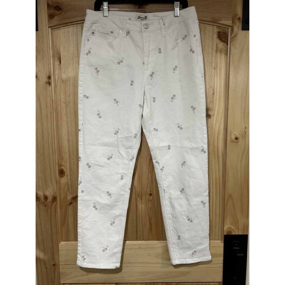 Seven 7 Women’s Jeans White Floral Embroidered Straight Leg Size 10